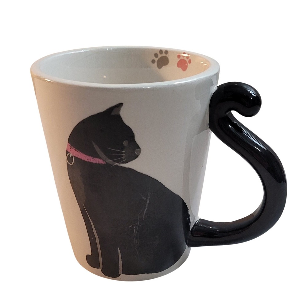 Chasing Lola Black Cat Coffee Mug Tail Handle Meow White Ceramic 2024 Good